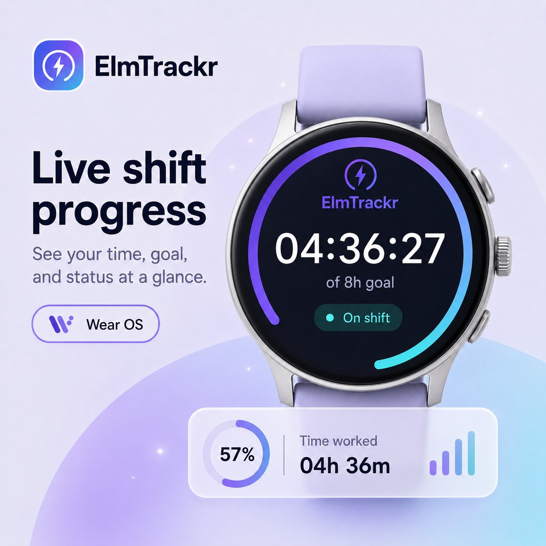 Elmtrackr on a Wear OS watch face showing an active shift with elapsed time and pay so far.
