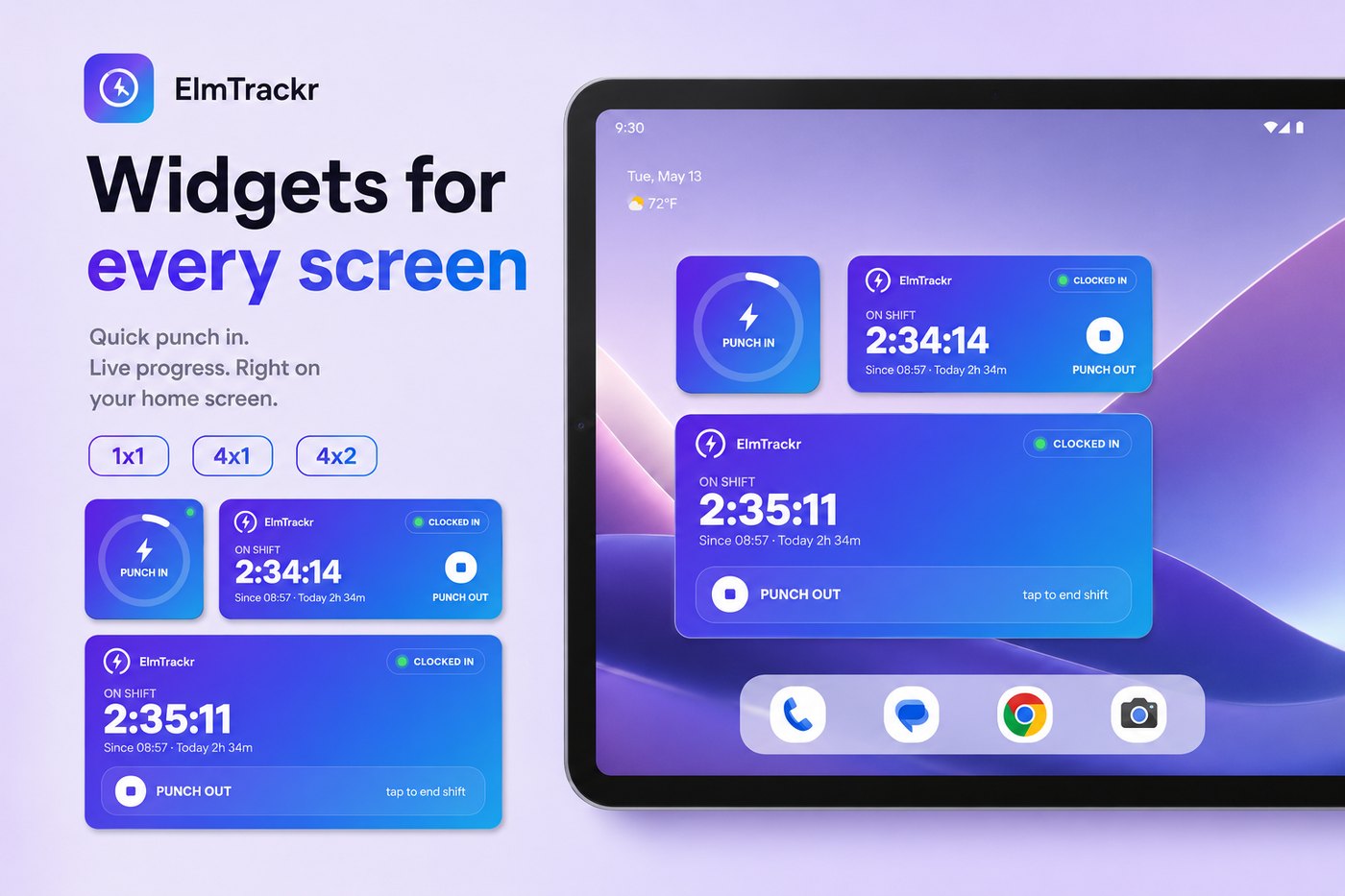 כמה מווידג'טים של Elmtrackr במסך הבית של טאבלט אנדרואיד, כולל כפתור החתמה וווידג'ט התקדמות חי.